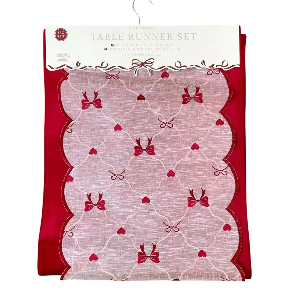 2pc Velvet Valentines Day Table Runner Bows Hearts Red & White by Envogue New